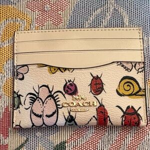 Coach Cream Leather Card Case with Multicolor Bug Print